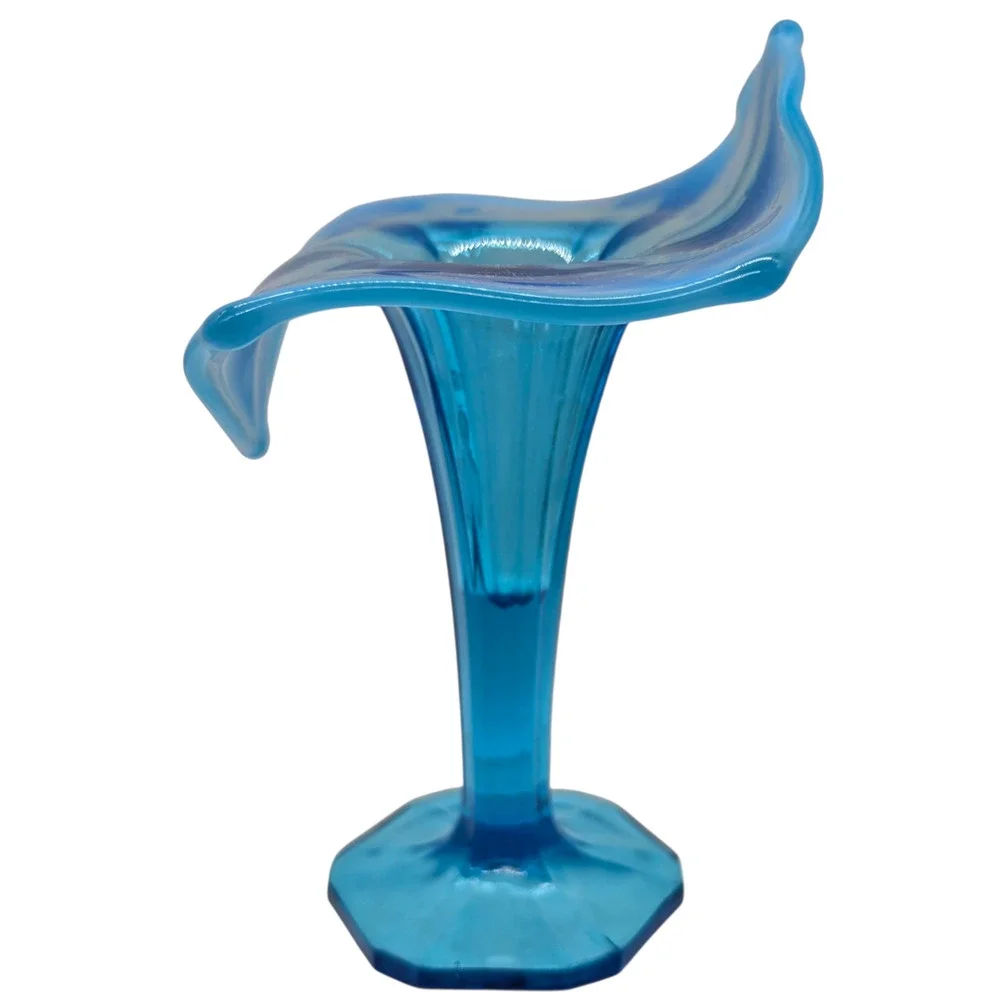 DUGAN GLASS BLUE OPAL WHEEL CUT JIP VASE FLORAL WITH LEAF CUTTING